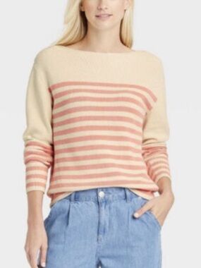Who What Wear Cream and Coral Striped Boatneck Sweater NWT size L